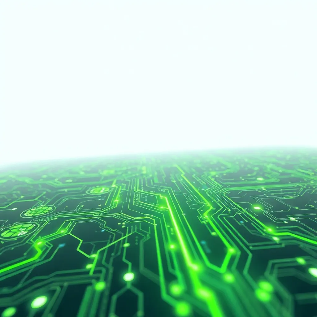 Abstract technical visualization of green energy flowing thr