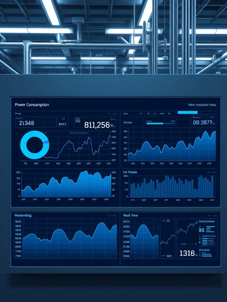 A high-tech industrial power consumption dashboard showing r